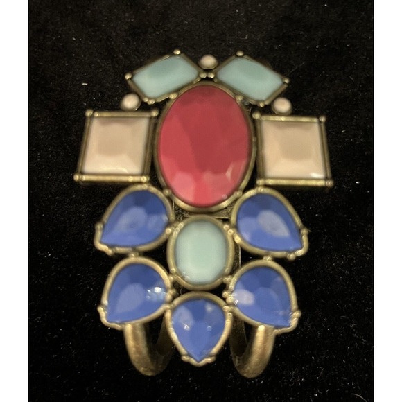 AVON NRT Deco Chunky Hinged Cuff Antique Gold Tone Bracelet Blues Pink - Picture 1 of 6